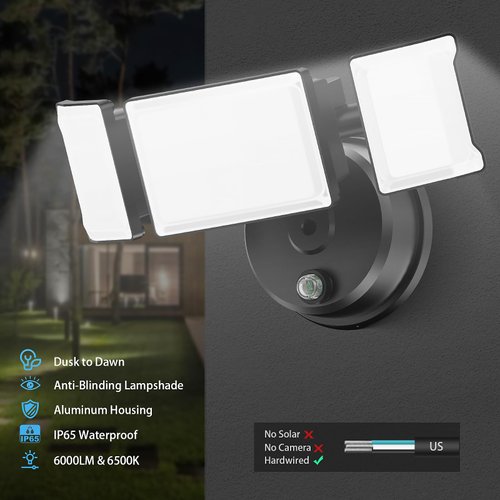 Olafus 60W Flood Lights Dusk to Dawn Outdoor Lighting, IP65 Waterproof LED Security Light with Photocell, 6000LM Dusk Dawn Outside Light, 6500K Black Exterior Floodlight for Yard Garden Porch Backyard