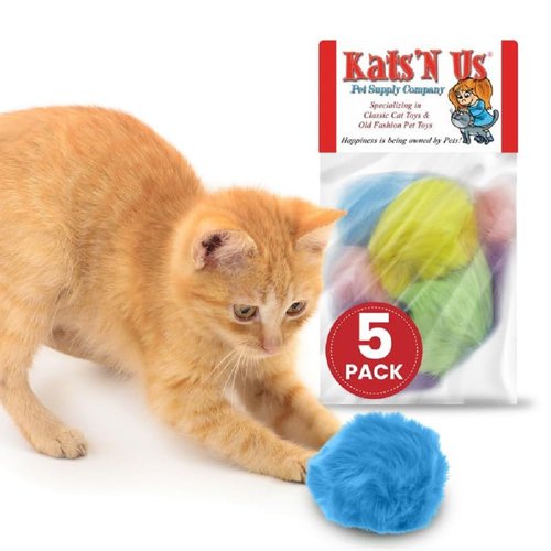 Kats'N Us Cat Ball Toy with Real Rabbit Fur - Pom Pom Balls, Puff Balls, Plush Ball Toy for Happy Indoor Cats and Kittens - Multicolored Cat Pom Pom Balls 5 Pack