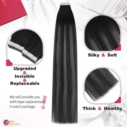 Moresoo Tape in Hair Extensions Balayage Tape in Human Hair Extensions Off Black to Silver Mix Black Tape in Hair Extensions Remy Human Hair Extensions tape in 24inch #1B/Silver/1B 20pcs 50g