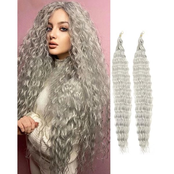 Cypsin Sliver Curly Crochet Hair 30Inch 2 Packs Deep Wave Crochet Hair with Crochet Hook, Long Ocean Wave Braiding Hair for Women, Synthetic Hair Curly Braiding Hair Extensions