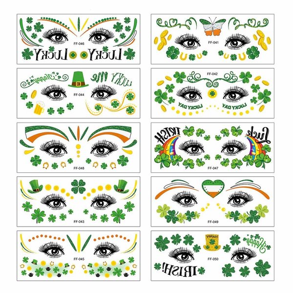 Aularso 10PCS St. Patrick’s Day Tattoos Irish Face Tattoo Stickers Glow Shamrock Temporary Tattoos Irish Pattern Accessories for Party Favors Supplies (Green-C)