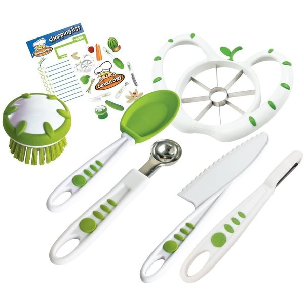 Curious Chef 6-Piece Fruit & Veggie Prep Kit for Kids, Dishwasher Safe Tools, Made with BPA-Free Plastic, Includes Real Utensils - Scrubber, Melon Baller, Knife, Apple Slicer, Silicone Spoon & Peeler