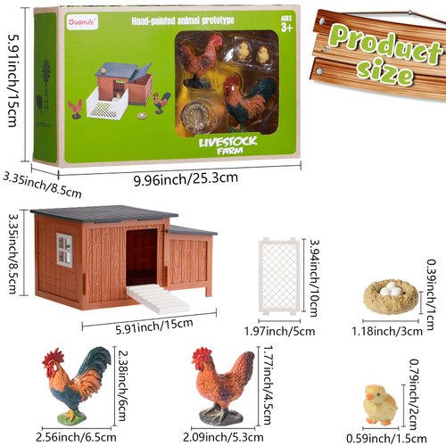 Skylety 9 Pieces Easter Chicken Figurine Chicken Model Playset Farm Action Figures Fences Around Building Blocks Farm Coop Set Birthday Party Present Animal Easter for Kids Age from 3 to 8