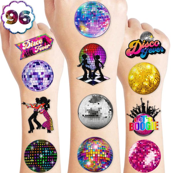 100 PCS 70s Disco Ball Temporary Tattoos Themed Birthday Party Decorations Supplies Decor Favors Boogie Dance Groovy 1970s Retro Tattoo Stickers Gifts for Game Boys Girls Class School Prizes Carnival