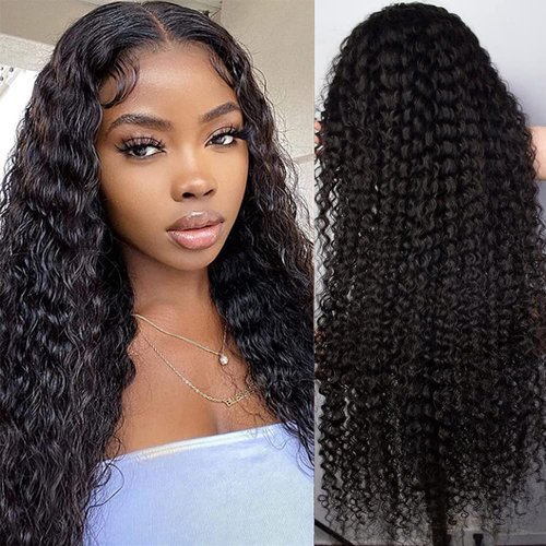 ObeyHeart Deep Wave Middle Part HD Transparent Lace Front Wigs Human Hair Natural Black Color 180% Density Brazilian Human Hair Wigs for Black Women Curly Lace Front Wig Human Hair(24 Inch)