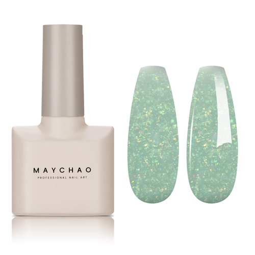 MAYCHAO 15ML Light Green Glitter Gel Nail Polish 1Pc Green Shimmer Gel Polish Soak Off UV LED Nail Polish Nail Art Starter Manicure Salon DIY at Home, 0.5 OZ