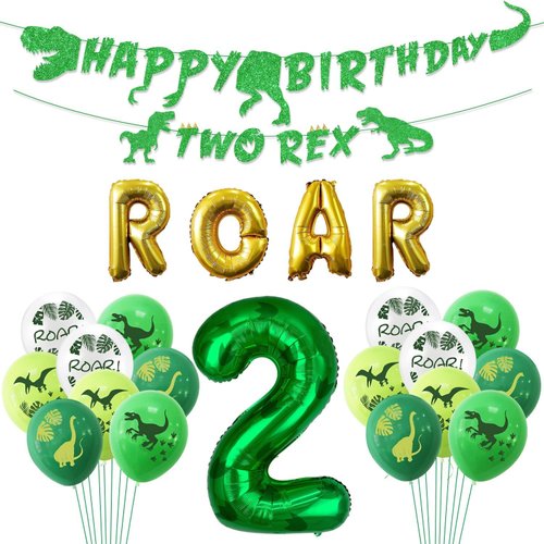 Dinosaur 2nd Birthday Decorations, Banner, Roar Balloons,Two Birthday Decorations for Boys Kids 2...