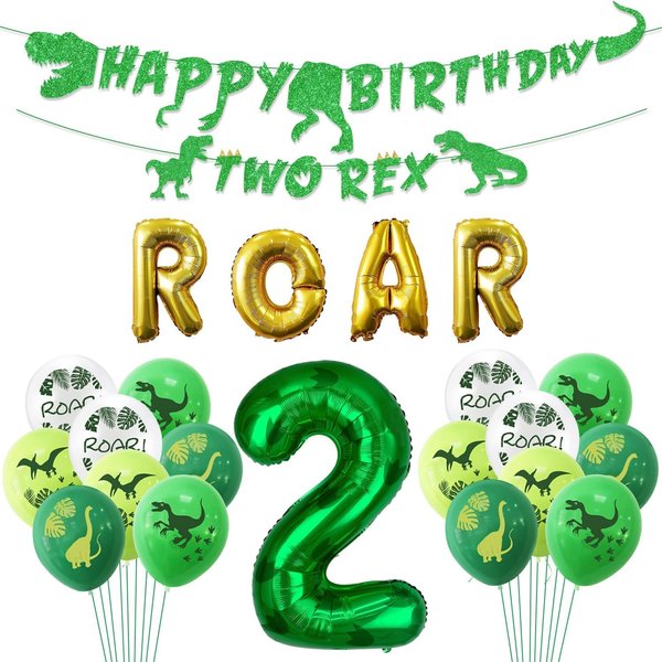 Dinosaur 2nd Birthday Decorations, Banner, Roar Balloons,Two Birthday Decorations for Boys Kids 2nd Dinosaur Party Supplies