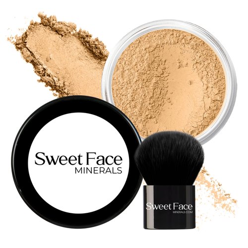 2pc FOUNDATION with KABUKI BRUSH Mineral Makeup (WARM Neutral Shade-Most Popular) Matte Loose Powder Bare Face Cosmetics Full Coverage Long Lasting All Skin Types SPF 18