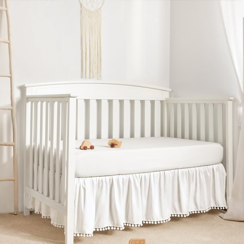 TILLYOU Ruffled Crib Skirt with Pompoms, Microfiber Nursery Crib Toddler Bedding Skirts for Baby Boys Girls, 14'' Drop, White