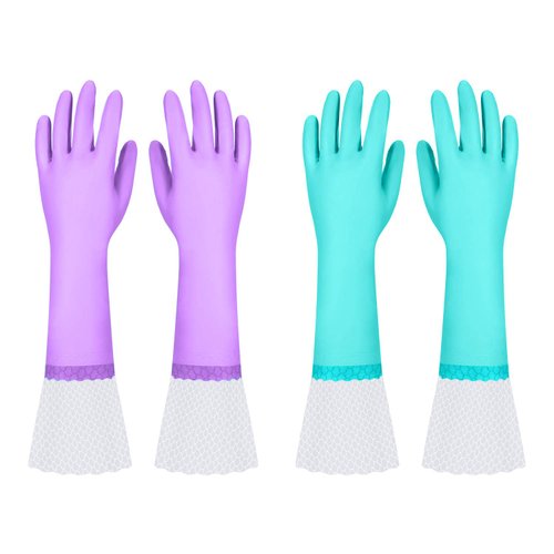 Elgood Reusable Long Dishwashing Cleaning Gloves with Latex Free, Long Cuff,Cotton Lining,Kitchen Gloves 2 Pairs,Purple+Blue Medium