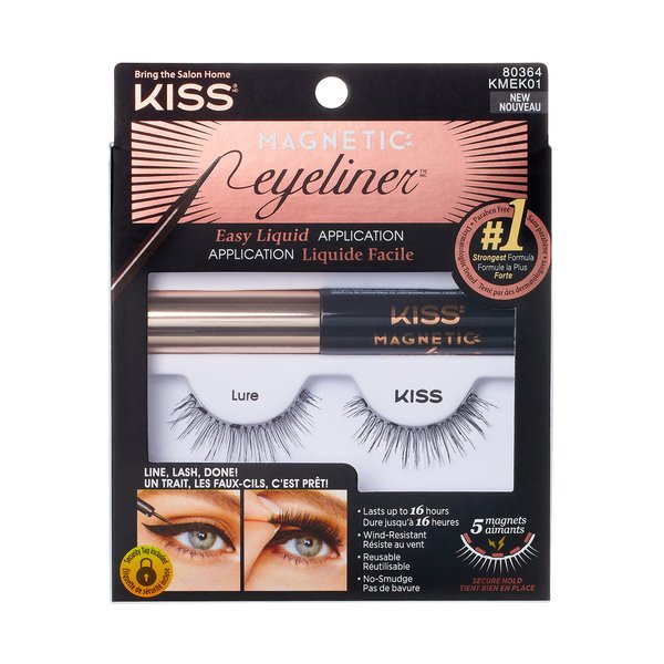 KISS Magnetic Eyeliner & Lash Kit, Lure, 1 Pair of Synthetic False Eyelashes With 5 Double Strength Magnets and Smudge Proof, Biotin Infused Black Magnetic Eyeliner with Precision Tip Brush