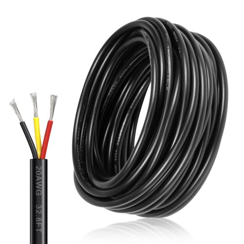 DEKIEVALE 20 Gauge 3 Conductor Electrical Wire, 32.8FT Black Stranded 20/3 Low Voltage Cable PVC Case, 20AWG Tinned Copper 3 Wire Cable, Flexible Extension Cord for LED Lamp Lighting Strips Automotive