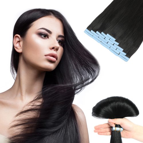Jerriess Tape in Hair Extensions Human Hair, Professional Grade Remy Human Hair Tape in Extensions, Silky Texture &Full Thick Ends Hair Extensions, 20pcs 50g/pack Straight Natural Black, 20 inch(#1b)