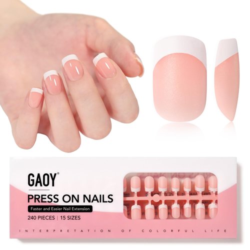 GAOY French Gel Nail Tips, 240Pcs Press on Nails Light Pink Short Square Gel X Nail Tips, Pre-applied Tip Primer and Base Coat Cover, 15 Sizes Pre-filed Fake Nail Tips for Nail Extension