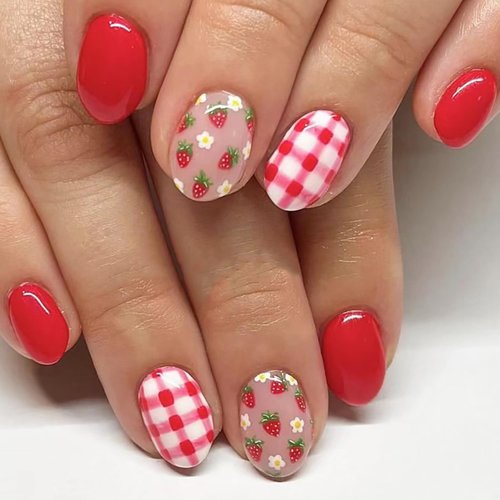 24 Pcs Almond Press on Nails Short Grid Fake Nails with Design Strawberry White Flower False Nails Glue on Nails Reusable Red Acrylic Nails Sets for Girls