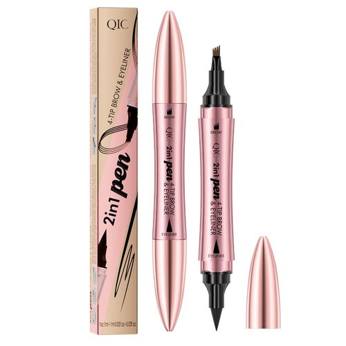 2 in 1 Microblading Eyebrow Pen with Eyeliner Pencil, Waterproof Eyebrow Pencil with 4 Fork Tip Multifunctional Double Head Microblade Eyebrow Pencil Waterproof and Long-Lasting (Black)