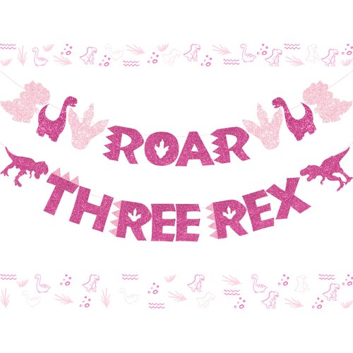 JOYMEMO Three Rex Banner Rose Red and Dinosaur ROAR Garland Glitter for Girls 3rd Birthday Dinosaur Party Supplies, Pink Dinosaur Party Decorations