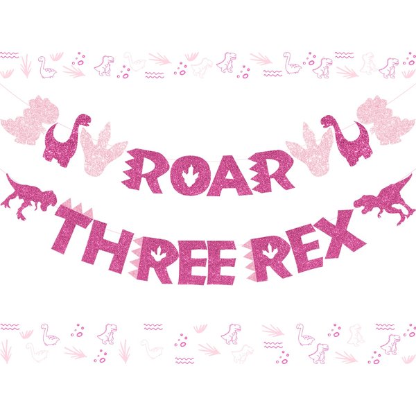 JOYMEMO Three Rex Banner Rose Red and Dinosaur ROAR Garland Glitter for Girls 3rd Birthday Dinosaur Party Supplies, Pink Dinosaur Party Decorations