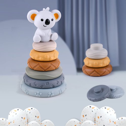 KOESMG 7 PCS Stacking Nesting Circle Toy, Soft Squeeze Building Blocks Sensory Toys, Early Learning Color & Pattern Montessori Toys for 6 8 12 Months Toddlers