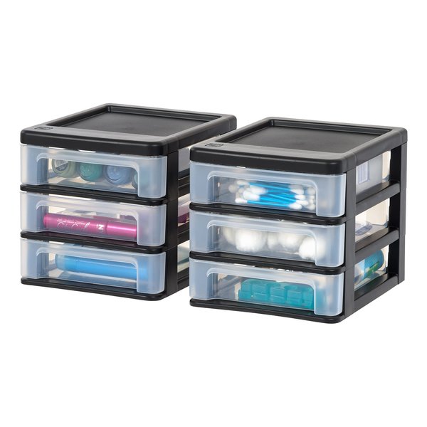 IRIS USA Plastic Stacking Desk Top 3-Drawer Storage Organizer, 2-Pack, for Makep Vanity Nail Polish Bathroom Stationery Art Craft Supplies Kitchen Office Garage and Small Organization, Small, Black
