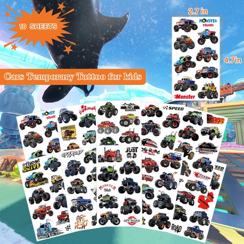 UVUXO Monster Truck Temporary Tattoo for kids - 10 Sheets Cars Tattoos Temporary for Boys Monster Truck Birthday Party Supplies for Kids