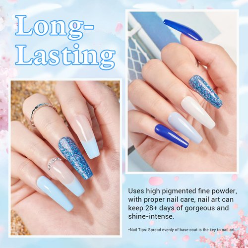 AZUREBEAUTY Dip Powder Nail Kit, Summer Aquarius White Navy Blue Glitter 4 Colors Acrylic Dipping Powder Liquid Set with Base/Top Coat Activator for French Nail Art Manicure DIY Gift for Women