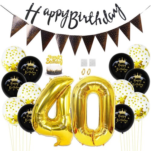 Daimay 40th Birthday Party Decorations Gold Black Happy Birthday Latex Confetti Balloons Triangle Flag Banner Number 40 Foil Balloon Cake Topper for Men Women Anniversary Birthday Party Supplies