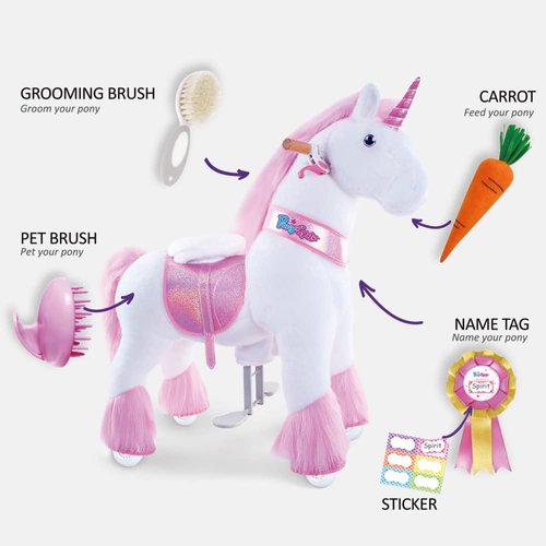 PonyCycle Unicorn Horse Toys Grooming Kit, Feed & Care, 5 Piece Assortment. Groming Brush, Pet Brush, Carrot, Sticker, Name Tag Perfect Pony Toys Gifts for Girls Kids - Model E, U and Model X