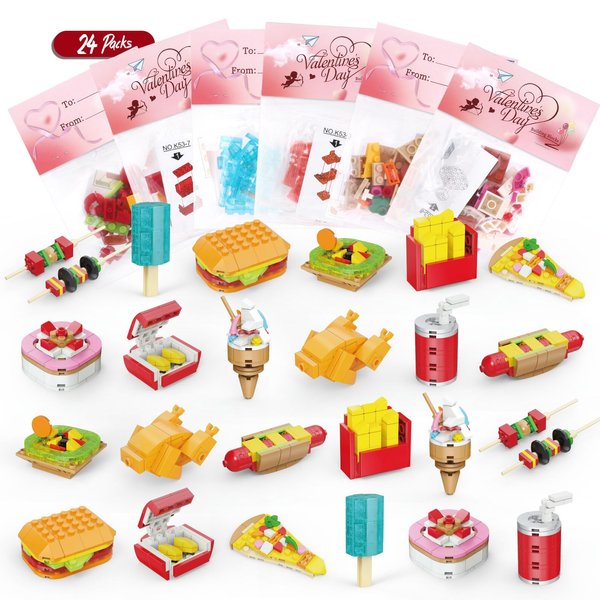 Uiseba Valentines Day Gifts for Kids Classroom & Party, 24 Pack Play Food Building Blocks and Valentines Cards, Party Favors Toys for 3+ Years Old Boys & Girls