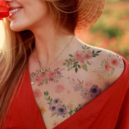 Everjoy Flowers Temporary Tattoos Stickers, Watercolor Roses, Peony, Daisy, Botanical Body Art Fa...