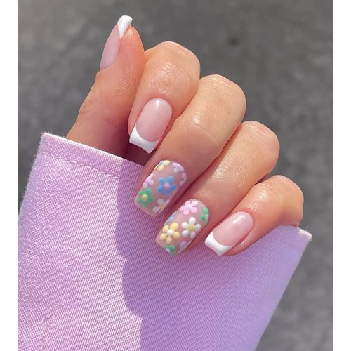 24 Pcs Acrylic Press on Nails Short, Glue on Nails for Women, Fake Nails with Glue (Pink Flower French)