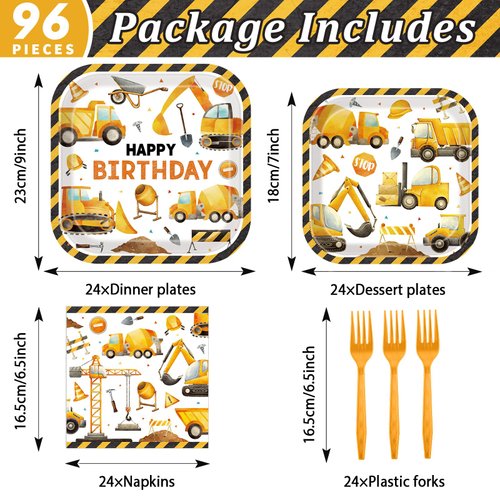 Construction Birthday Party Supplies Construction Theme Decorations Square Truck Construction Disposable Plates Napkins Tableware Set for Boys Kids Construction Birthday Party Favors Serves 24 Guests
