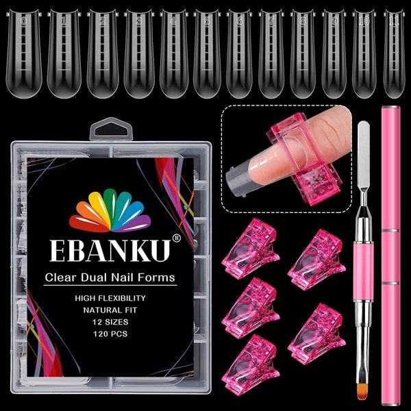 EBANKU Dual Nail Forms Set with 120 Piece Dual Nail Forms Poly gel Coffin Nail Mold, 1Pcs Pink Poly gel Dual-Ended Nails Brush, 5Pcs Pink Dual Form Nail Clips for Acrylic Nails Extension