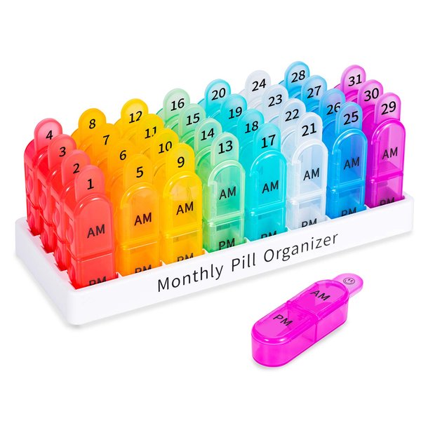 Daviky Monthly AM/PM Pill Organizer - 30 Day, 2 Times a Day Pill Box to Hold Vitamins, Supplements and Medications
