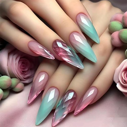 Colourful Gradient Press on Nails Shiny Fake Nails Long Stiletto False Nails Glossy Full Cover Acrylic Nails Stick on Nails Pink Green Glue on Nails for Women Nail Art Decorations 24Pcs