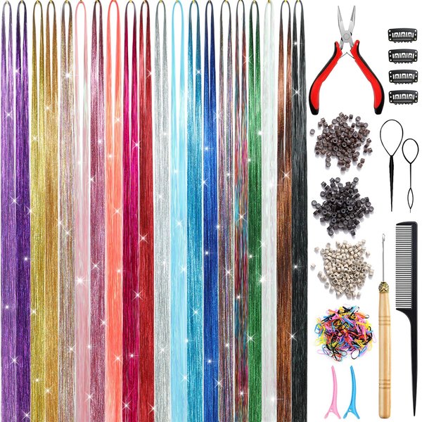 AIAIZHQH Hair Tinsel Kit (20 Colors, 4400 Strands, 48 Inches) Sparking Tinsel Hair Extensions Kit with Tools, Fairy Hair Tinsel Kit Heat Resistant Highlights Glitter Hair Extensions Hair Tensile Kit