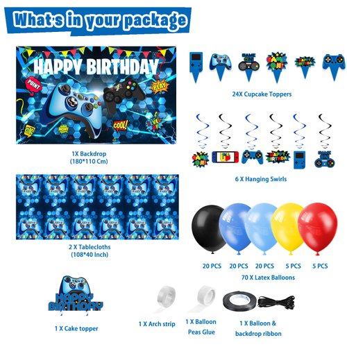 KimaruLZ Video Game Birthday Party Decorations - 109Pcs Gamer Gaming Party Supplies For Boys Birthday Party - Happy Birthday Backdrop, Table Cover, Hanging Swirls, Cupcake Cake Topper, Balloons