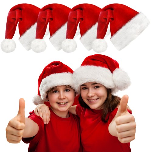 4 Pack Plush Kids Santa Hat, Unisex Christmas Hats Classic Velvet Fabric Comfort Double Line Plush Santa Hat for Kids Children Toddler New Year Party Supplies (Red-4Pack)
