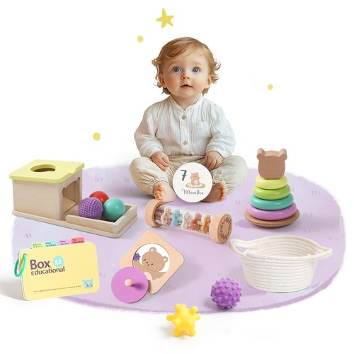 IEATFO Montessori Toys for Babies 6-9 Months, 7-in-1 Wooden Playful Learning Toys with Rainmaker, Multi Sensory Ball, Object Performance Box, Stacking & Nesting Rings, Mirro Knob Puzzle and More