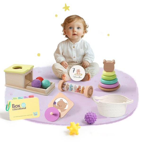 IEATFO Montessori Toys for Babies 6-9 Months, 7-in-1 Wooden Playful Learning Toys with Rainmaker, Multi Sensory Ball, Object Performance Box, Stacking & Nesting Rings, Mirro Knob Puzzle and More