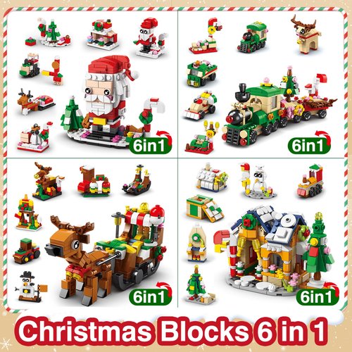 Christmas Village House Building Set - Christmas Train Building Toys for Kids Christmas Party Favors - Santa Claus and Reindeer Sleigh as Christmas Stocking Stuffer,Gift Box Filler（4 Styles 6-in-1）