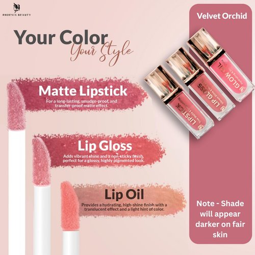 Phoenix Beauty Lip Trio: Smudge-Proof Long Stay Matte Lipstick, Vibrant Lip Gloss & Hydrating Lip Oil; Jojoba Oil + Vitamin E; Holiday Gift; Premium Lip Care & Color Set; Pink Mauve (Velvet Orchid)