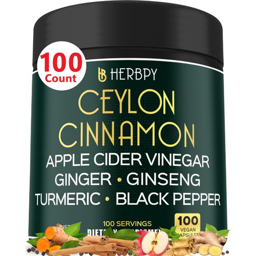 Herbpy 6in1 Premium Ceylon Cinnamon Supplements 7550mg Plus Apple Cider Vinegar, Turmeric, Ginger, Panax Ginseng & Black Pepper for Daily Activities, Heart Health & Digestion - 100 Count