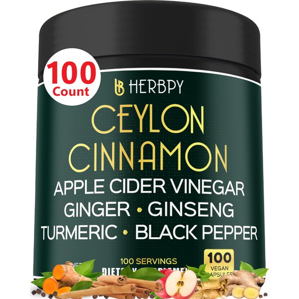 Herbpy 6in1 Premium Ceylon Cinnamon Supplements 7550mg Plus Apple Cider Vinegar, Turmeric, Ginger, Panax Ginseng & Black Pepper for Daily Activities, Heart Health & Digestion - 100 Count