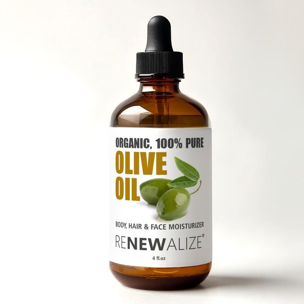 Renewalize Certified Organic Olive Oil - Dry Skin Body and Hair Moisturizer | Unrefined Extra Virgin Cold Pressed | Hot Oil Treatment