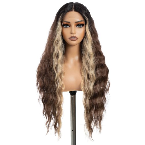 DÉBUT 30 Inches Skunk Stripe Brown Blonde Water Wave 13x6x0.5 Lace Front Wigs Long Wavy Synthetic...