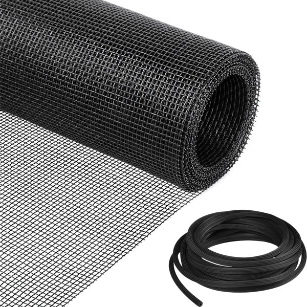 HOMWMPA Window Screen Replacement Kit, 36"W × 90"L Durable Polyester Adjustable Screen Mesh with Retainer Spline (32ft) for DIY Project Window Screen Door Screen Replacement & Repair, Black