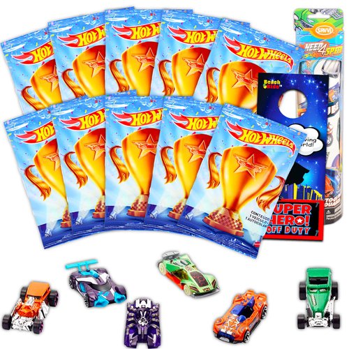 Hot Wheels Mystery Pack - Bundle with 10 Individually Wrapped Mystery Hot Wheels Party Favors and 50 Tattoos for Kids, Boys (Hot Wheels Toys)