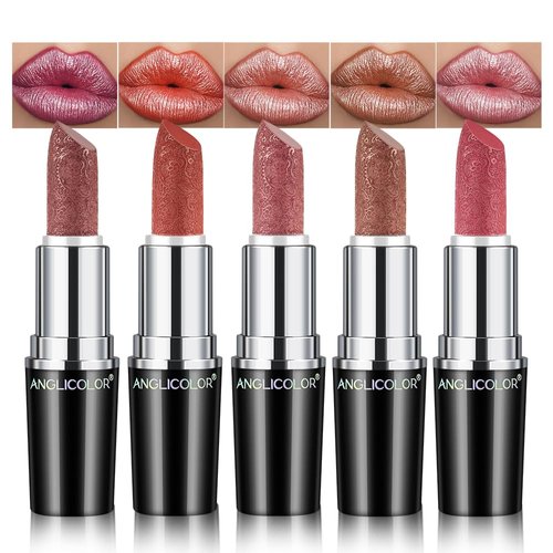 Anglicolor 5pcs Glitter Lipstick High Impact Lipcolor,Lipstick Moisturizing Creamy Formula,Metallic Lipstick For Women For Vegan & Cruelty-Free,Full-Coverage Lip Color (#C, 5PCS)